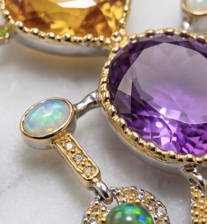 My precious Humanoid Friend 44.6 carat GEMSTONES 18k Gold over .925 Sterling Silver dipped in Rhodium handmade Pendant - Close-up of 44.6 ct gemstones in 18k gold setting.
