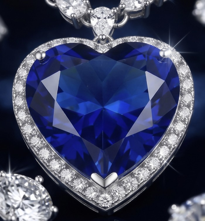 Titanic - Heart of The Ocean Necklace ~ 24.5 Ct Blue Sapphire Necklace In 925 Sterling Silver necklace - Heart of the Ocean necklace, stone close-up with diamond accents.