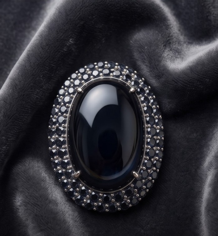 Vintrage Design - Large 58.8 carat Genuine the best quality Mexican Onyx .925 Sterling Silver handcrafted Pendant Brooch - Close-up of large gemstone on dark fabric background