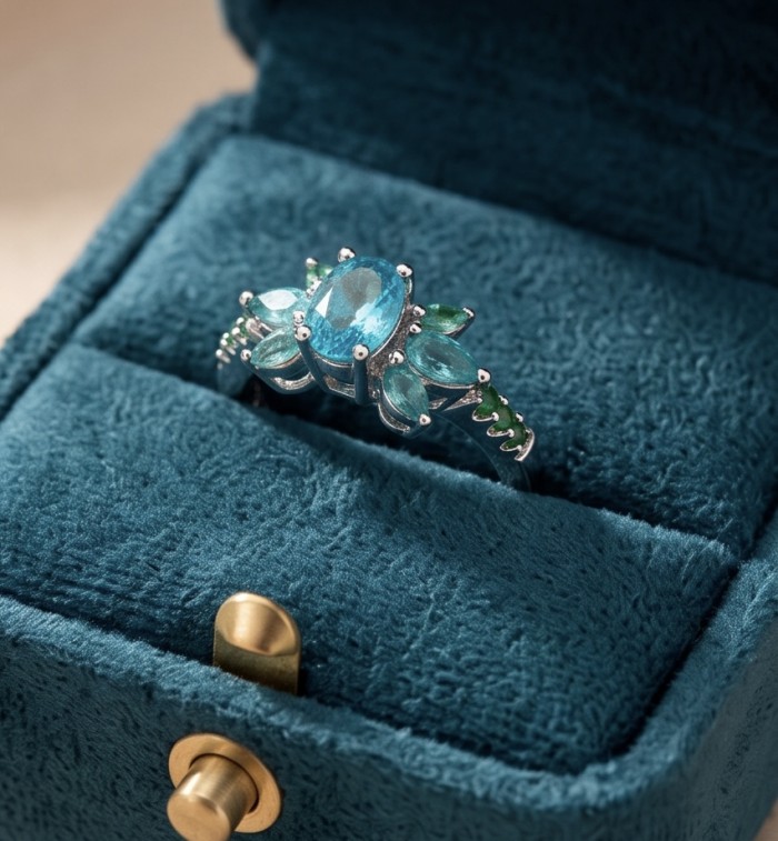 Wonderland 1.4 carat Paraiba Tourmaline .925 Sterling Silver Handcrafted Ring size 7 1/4 - Paraiba Tourmaline ring in blue box, angled side view.