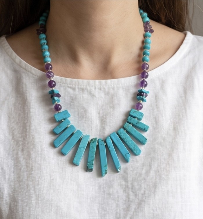 Dreamland - natural Turquoise Amethyst .925 Sterling Silver handmade necklace - Necklace worn on neck, turquoise and amethyst stones, front view.