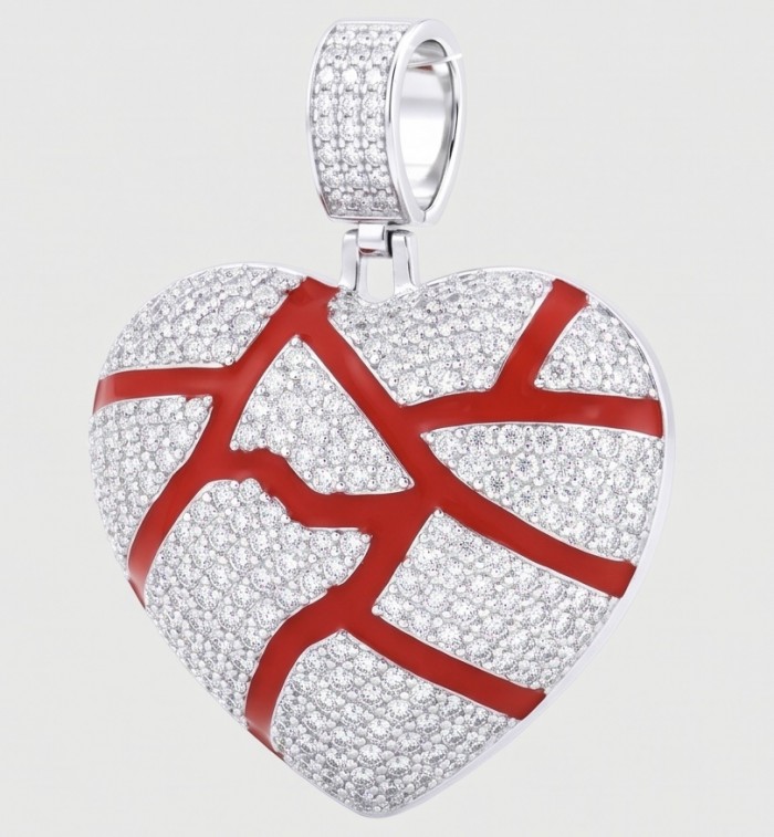 Lava Heart Luxurious 8.4 carat White Topaz .925 Sterling Silver handcrafted pendant - Lava Heart pendant front view, 8.4 ct white topaz, red enamel detail
