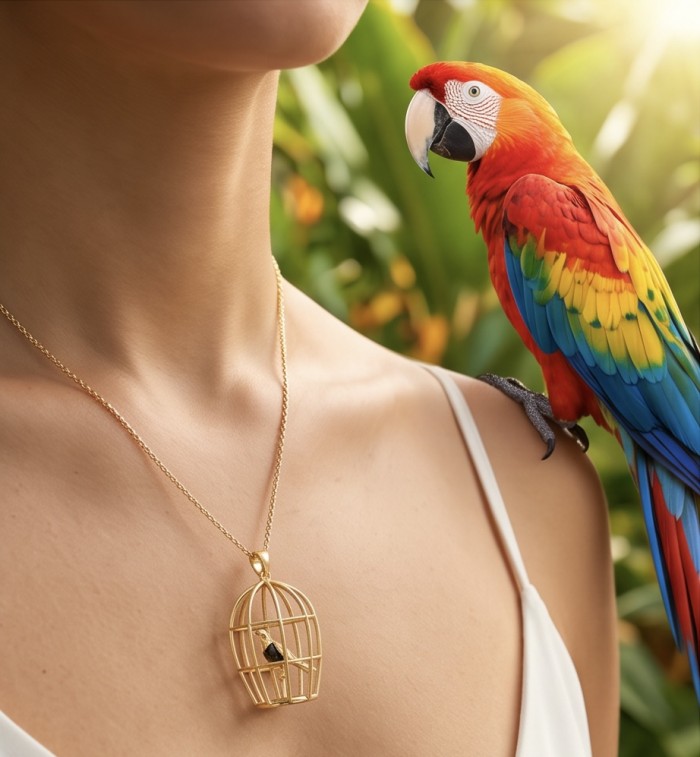 Charm Pendant - Birdcage - Authentic Baltic Amber 18K Gold over .925 Sterling Silver handcrafted pendant - Charm pendant with birdcage, worn on neck, colorful parrot on shoulder.