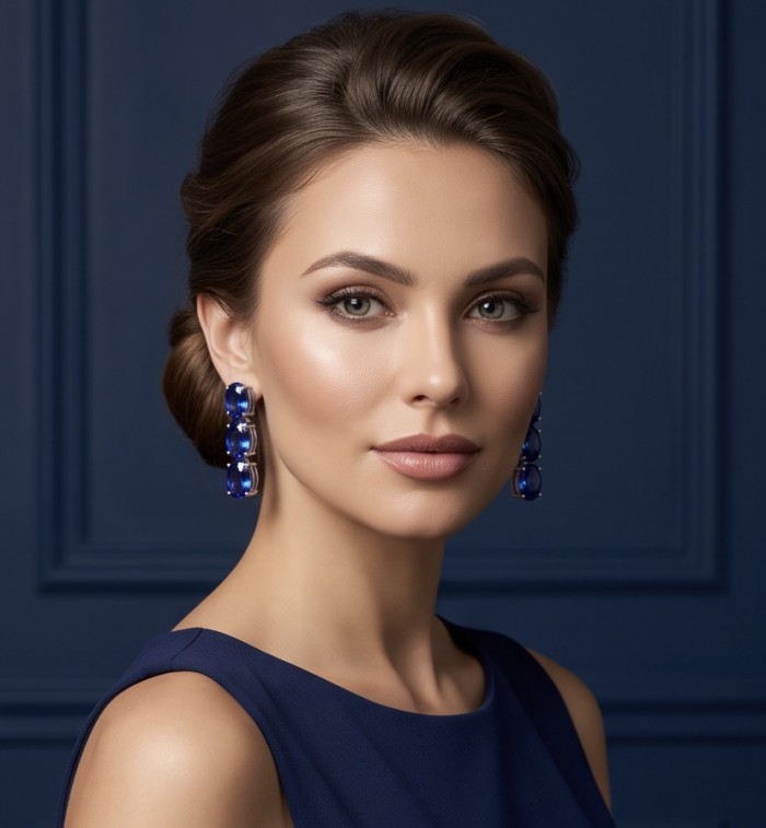 Deep Ocean 22.5 carat London Blue Topaz .925 Sterling Silver handmade Statement earrings - Woman wearing Deep Ocean blue topaz earrings, side view.