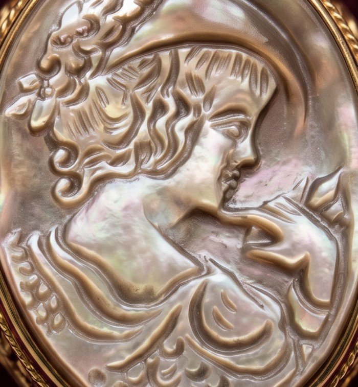 Vintage design Genuine Cameo Rainbow Abalone .925 Sterling Silver handcrafted Large ring; s. 8 - Close-up of vintage cameo with rainbow abalone detail
