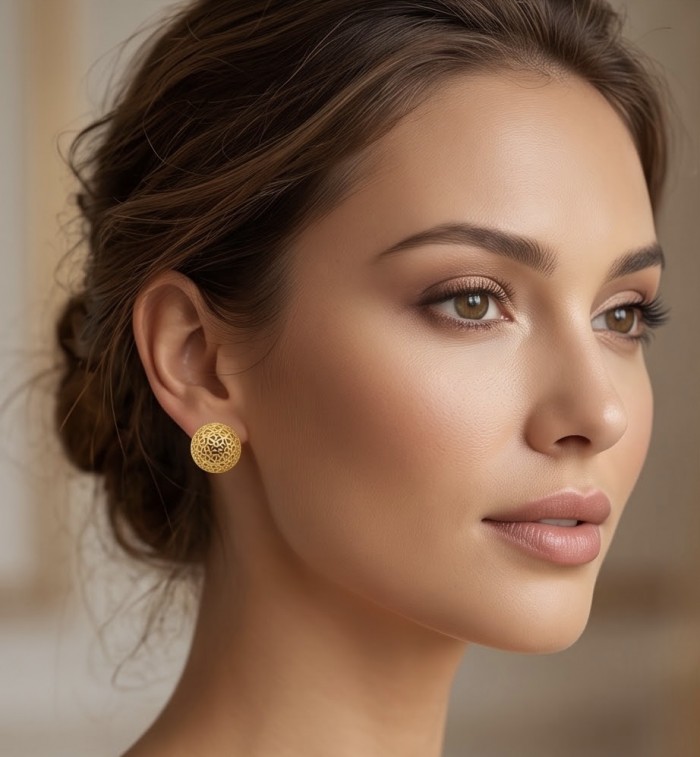 Black Label Collection - golden spheres - Dubai Style - Natural 22K Gold over .925 Sterling Silver handmade earrings - Side view of model wearing Black Label Collection golden sphere earring.