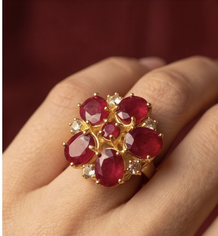 Blooming Garden Genuine 24.5 carat Kashmir Ruby .925 Sterling Silver dipped in 22K Gold Large Statement Ring size 6 3/4 - Ruby ring close-up worn on hand with gold and diamond accents