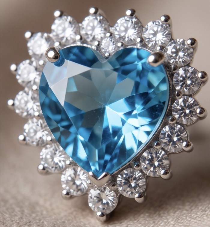 Heartes 6.7 carat Swiss Blue Topaz .925 Sterling Silver Handcrafted earrings - Close-up of heart-shaped Swiss Blue Topaz ring with diamond accents.