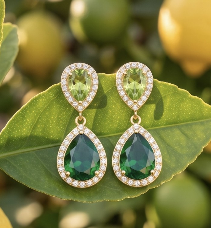 Natura - Authentic 4.5 CARAT natural Colombian Emerald 2.1 carat Peridot 22K Gold over .925 Sterling Silver handcrafted earrings - Close-up of Natura earrings with Colombian emeralds on a leaf.
