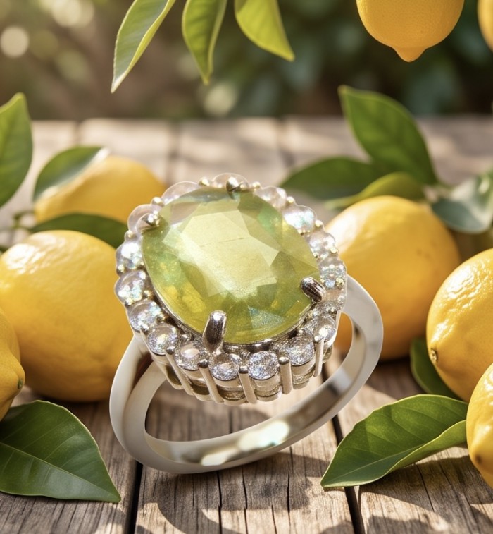 Nature 10.9 carat authentic Himalayan Peridot .925 Sterling Silver dipped in Rhodium Handcrafted Statement Ring size 6 - Close-up of a 10.9 carat Himalayan Peridot ring with lemons background.