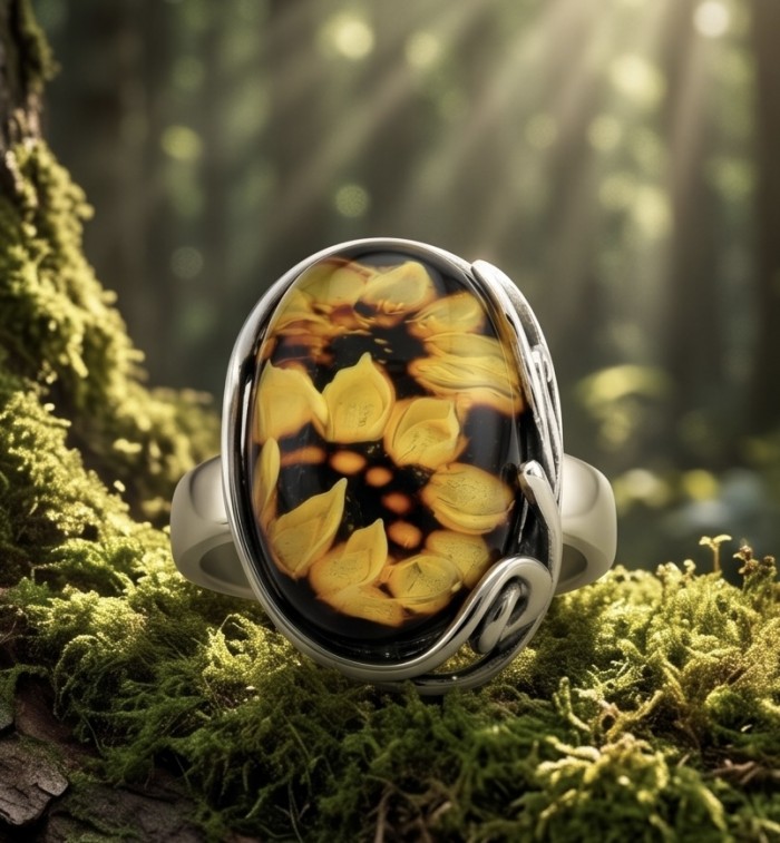 Beautiful Authentic Funflowers carved Baltic Amber .925 Sterling Silver handcrafted ring; s. 7 adjustable - Close-up of carved Baltic amber ring on moss, sunlight in background