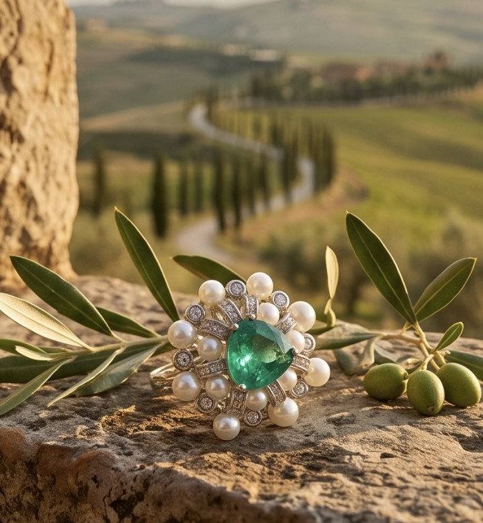 Authentic 7.5 CARAT natural Colombian Emerald 4.2 Moissanite .925 Sterling Silver handcrafted Ring size 7 - Ring with emerald and pearls on stone, scenic landscape background.