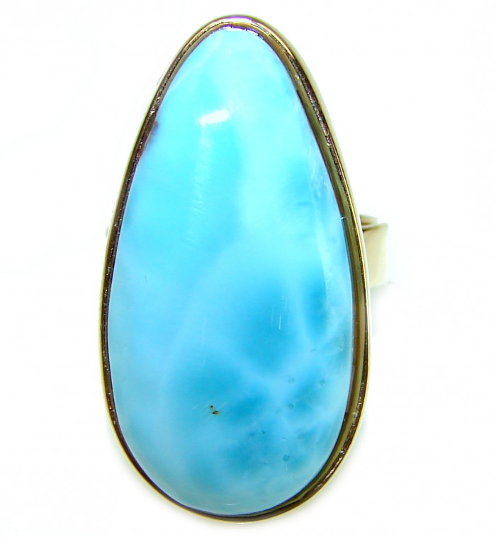 Blue Perfection AAAA QUALITY Blue Larimar 18K Gold over .925 Sterling Silver handmade Large ring size 8 adjustable - Close-up of blue Larimar stone set in 18K gold ring.