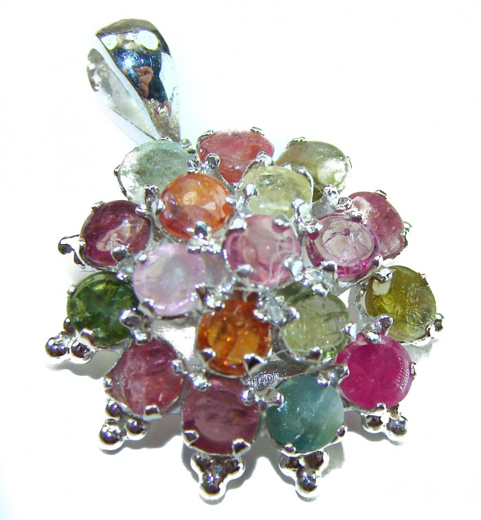 11.2 carat oval cut Brazilian Tourmaline .925 Sterling Silver Perfectly handcrafted pendant - Pendant with colorful tourmaline stones, front view.