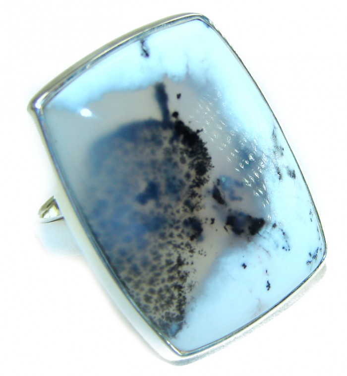 LARGE Top Quality Dendritic Agate .925 Sterling Silver handcrafted Ring s. 7 adjustable - Close-up of large dendritic agate ring in sterling silver setting.