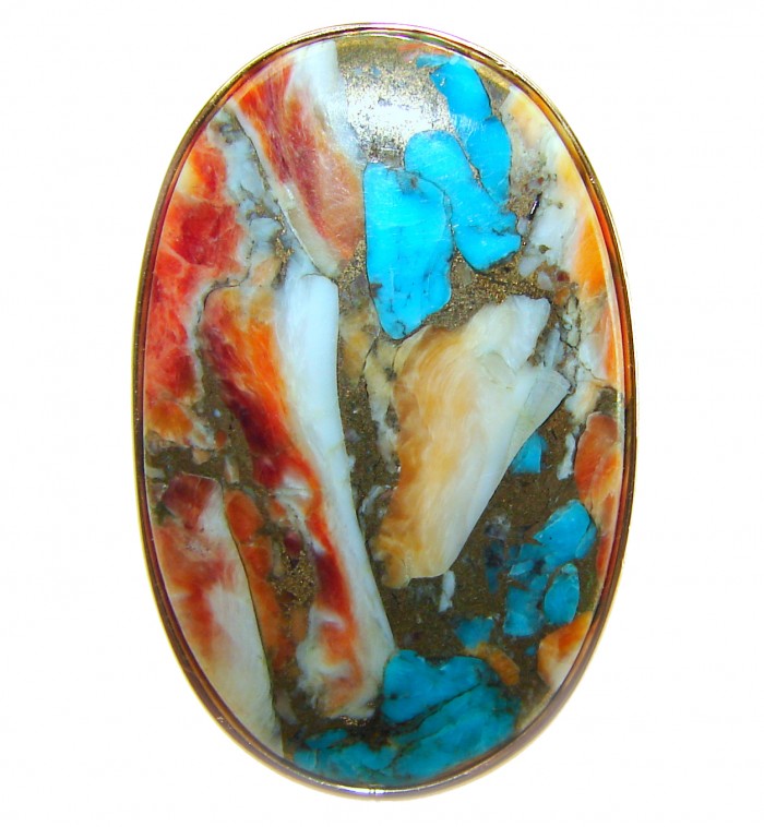 Rare 46.5 carat Oyster Turquoise 18K Gold over .925 Sterling Silver handcrafted Large ring; s. 8 adjustable - Close-up of rare 46.5 carat Oyster Turquoise stone in gold setting