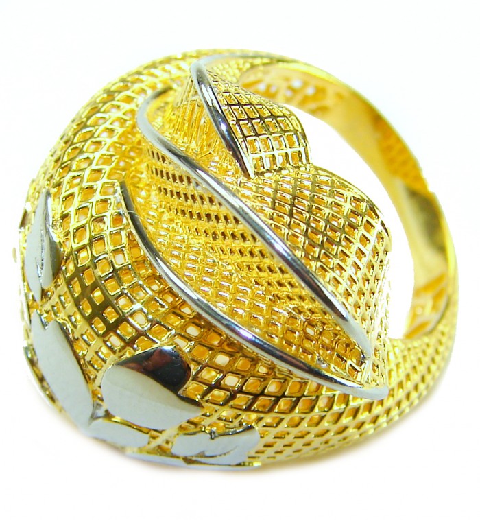Dubai Style - 2 tones .925 Sterling Silver dipped in 22K Gold handmade Large ring size 7 3/4 - Side view of Dubai Style ring, 2-tone silver dipped in 22K gold.