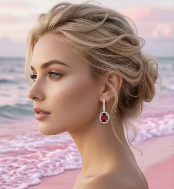 Clarissa - authentic 27.4 carat Ruby .925 Sterling Silver dipped in rhodium handcrafted Statement earrings - Side view of Clarissa ruby earring worn by a person on a beach.