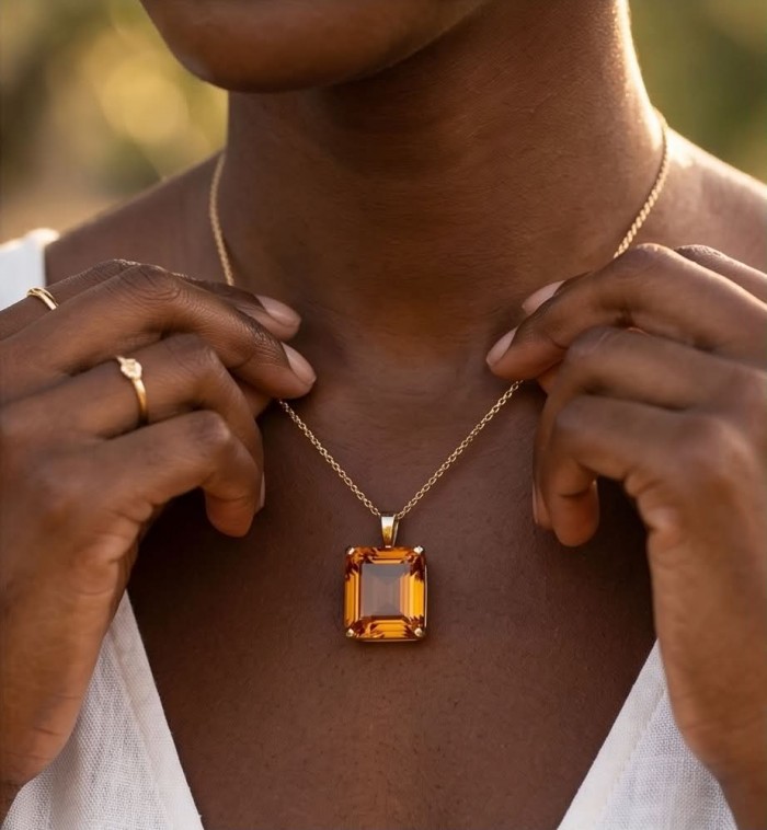 Luxury genuine 33.5 CARAT assher cut Champagne Topaz .925 Sterling Silver dipped in 18K Gold handmade Pendant - Close-up of asscher cut Champagne Topaz necklace being worn