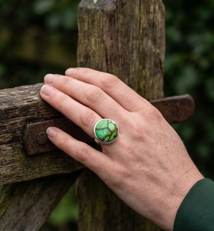 Green Copper Turquoise .925 Sterling Silver ring; s. 9 - Green Copper Turquoise ring in sterling silver, worn on hand, size 9.