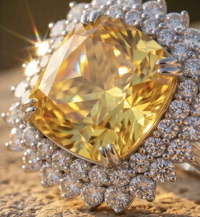 Solid 25.8 carat Genuine Yellow Sapphire .925 Sterling Silver handcrafted ring size 7 1/4 - Close-up of 25.8 carat yellow sapphire with diamond accents.