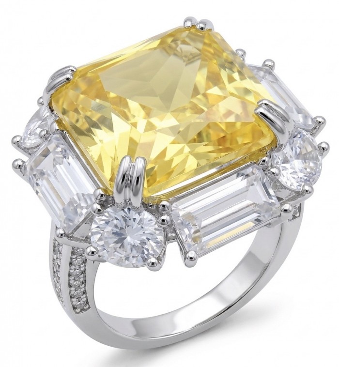 Art Deco - Luxurious assher cut 15.7 carat Yellow Sapphire 18K Gold over .925 Sterling Silver handcrafted Ring s. 7 1/2 - Close-up of Art Deco yellow sapphire ring with diamond accents