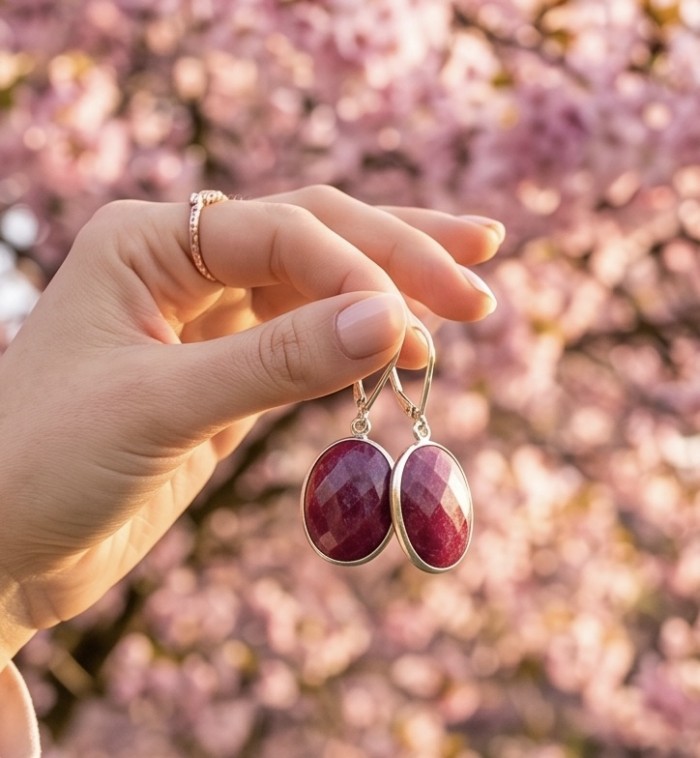 Giovanna Natural 22.2 carat Kasmir Ruby 18K Gold over .925 Sterling Silver handcrafted Statement earrings - Close-up of hand holding ruby earrings with blossom background
