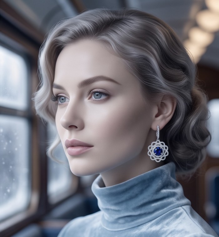 Authentic pear cut 4.1 carat Sapphire .925 Sterling Silver handcrafted earrings - Woman wearing sapphire earrings, side profile view.