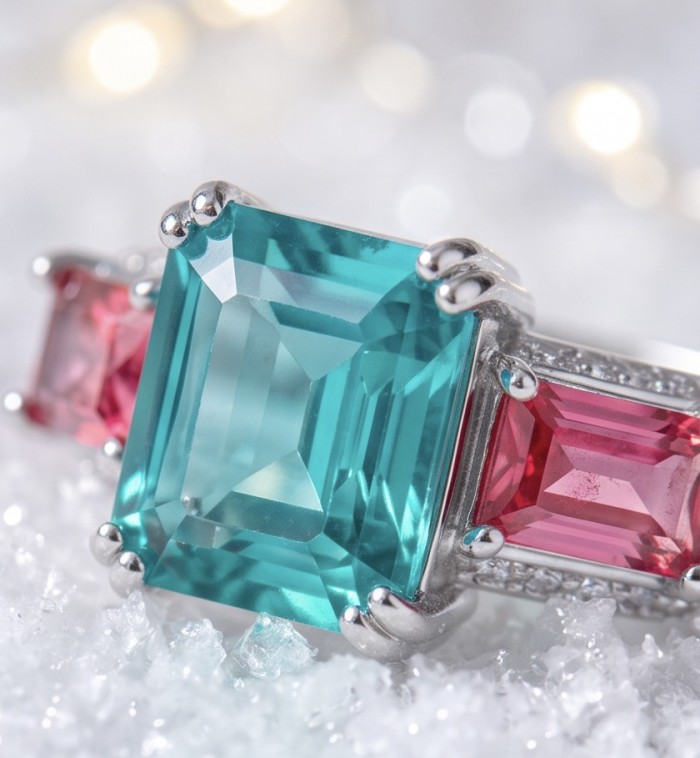 Authentic 6.7 carat Green Topaz .925 Sterling Silver Perfectly handcrafted Ring s. 8 adjustable - Close-up of green topaz and red stones on sterling silver ring
