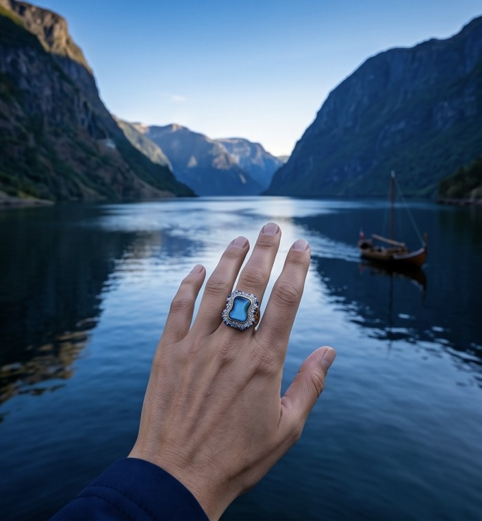 Blue Rhapsody - 18.5 carat natural Swiss Blue Topaz .925 Sterling Silver dipped in 22K Gold handcrafted Large Statement Ring size 7 1/2 - Worn on hand with fjord view in background; Blue Rhapsody topaz ring.