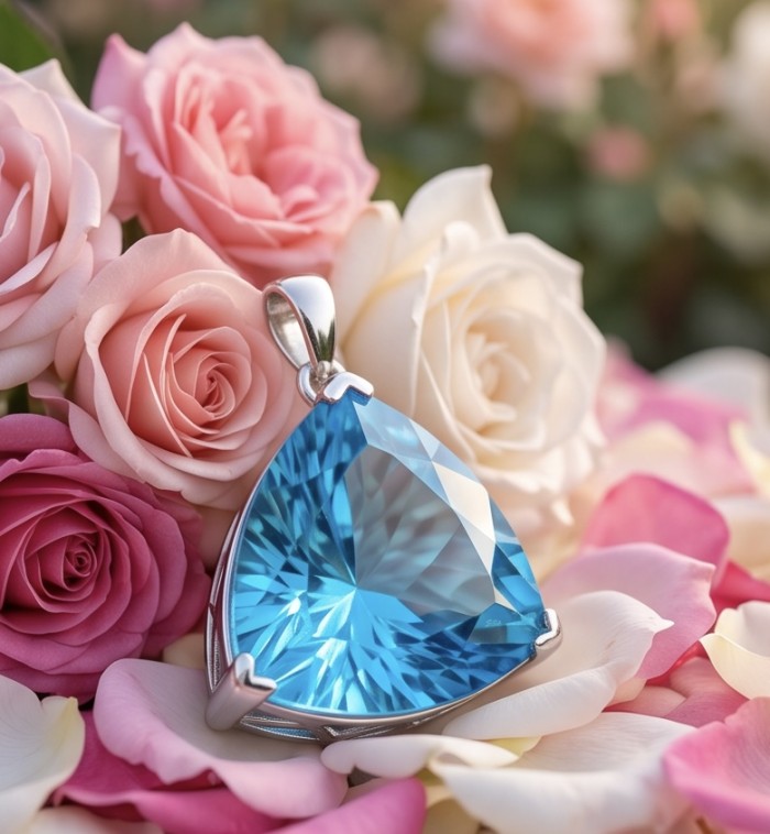 Trillion cut 28.5 carat Vintage style Swiss Blue Topaz .925 Sterling Silver DIPPED IN RHODIUM handmade Pendant - Close-up of 28.5 carat Swiss Blue Topaz pendant with roses.