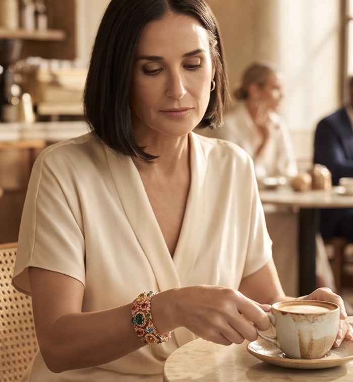 Tutti Frutti 28.5 CARAT MULTIGEM 18K Rose Gold over .925 Sterling Silver brilliantly handcrafted Bracelet - Woman wearing Tutti Frutti bracelet holding a coffee cup.