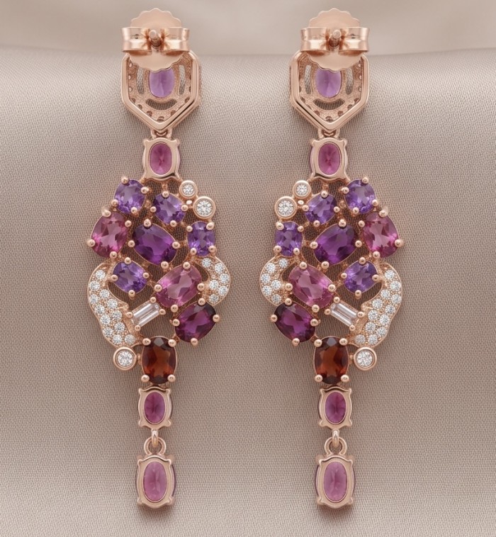 Isabella - natural 8.5 carat Mozambique Ruby 18K Rose Gold over .925 Sterling Silver handmade Statement earrings - Isabella ruby earrings front view in 18K rose gold with diamonds.