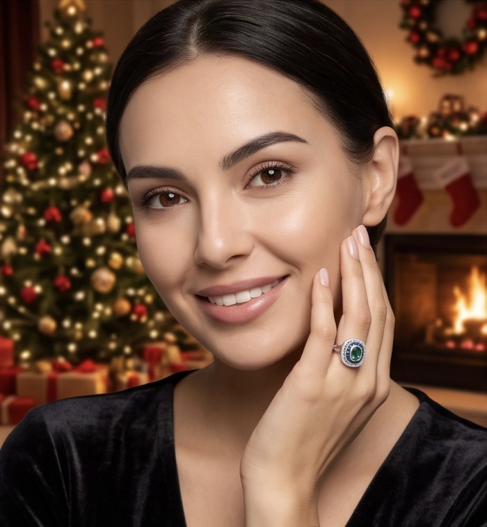 Art Deco 8.6 ctw Colombian Emerald Rhodium plated .925 Sterling Silver handcrafted Statement Ring size 9 - Woman wearing Art Deco emerald ring in a festive setting