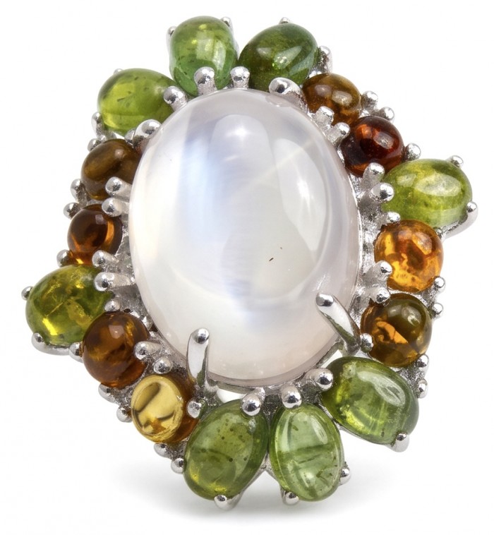 Angelina - Top quality 22.2 carat Brazilian Rose Quartz .925 Sterling Silver dipped in rhodium Handcrafted Ring size 6 - Rose Quartz ring close-up with colorful gemstone setting