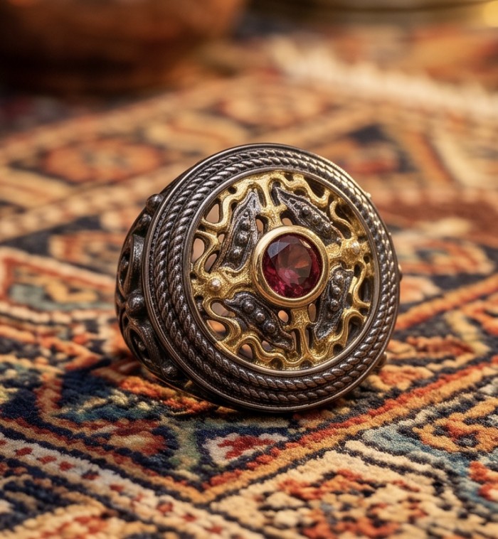 Vintage design Natural 1.8 carat Garnet 2 tones black rhodium .925 Sterling Silver handmade Statement Ring size 6 1/4 - Close-up of vintage-style garnet ring with intricate two-tone design.