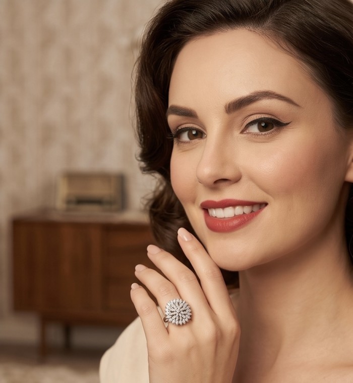 Real Beauty - asscher cut 8.5 carat White Topaz .925 Sterling Silver Handcrafted Statement Ring size 8 - Smiling woman wearing asscher cut topaz ring, hand near face.