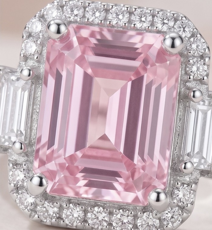 Isabella - Light Pastel 8.7 carat real Kunzite .925 Silver handcrafted Cocktail Ring s. 8 - Close-up of Isabella ring with pink kunzite and diamond accents.