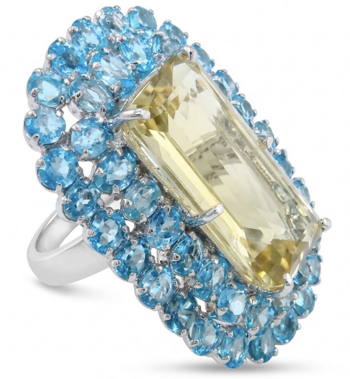 Serenity baquette cut 68.5 carat Champagne Smoky Topaz Aquamarine rhodium over .925 Sterling Silver MASSIVE Ring size 7 - Close-up of Serenity ring with topaz and aquamarine stones