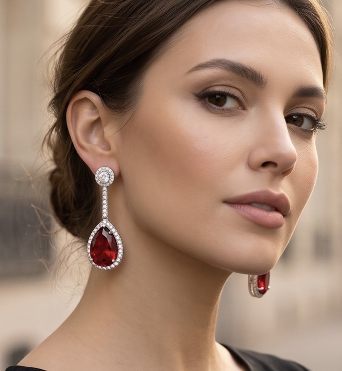 Bella Rossa - Magnificent Jewel 14.5 carat Mozambique Ruby .925 Sterling Silver dippedin Rhodium handcrafted earrings - Side view of Bella Rossa 14.5 carat Mozambique Ruby earrings worn