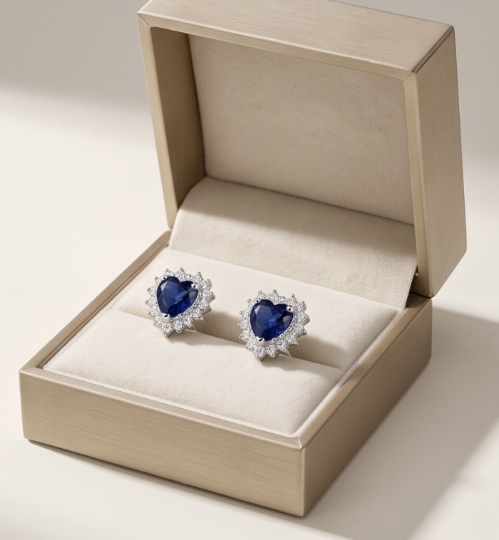 Vintage Beauty 0.8 carat Sapphire .925 Sterling Silver handcrafted earrings - Earrings in box, front view, sapphire and sterling silver detailing
