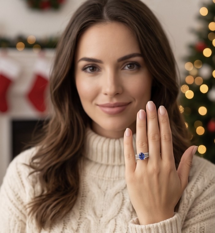 Classy design- 4.2 carat natural Sapphire .925 Sterling Silver Perfectly handcrafted Ring s. 7 - Sapphire ring worn on hand, festive background.
