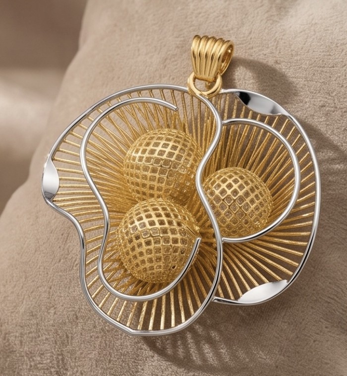 Dubai Style - Golden Rose .925 Sterling Silver dipped in 22K Gold handmade Pendant - Golden pendant close-up, Dubai Style design with intricate spheres.