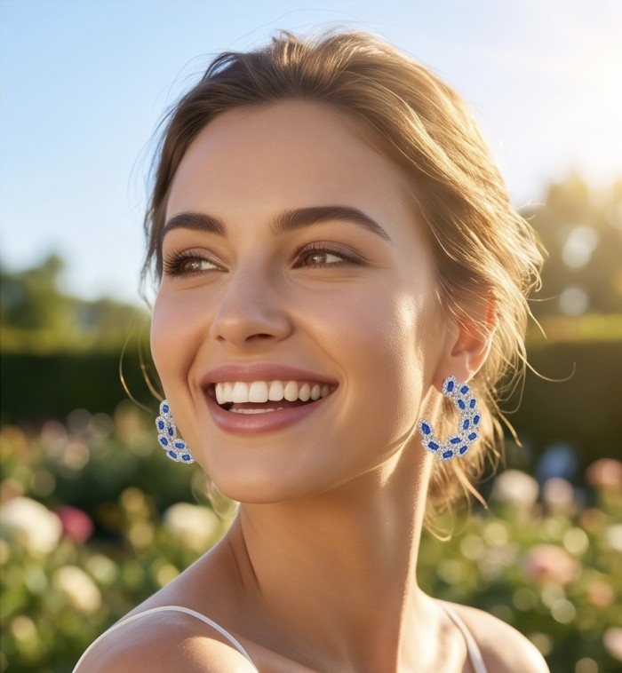 Art Deco - Incredible genuine 4.5 CARAT Sapphire .925 Sterling Silver handcrafted Earrings - Woman wearing Art Deco sapphire earrings in sunny outdoor setting.