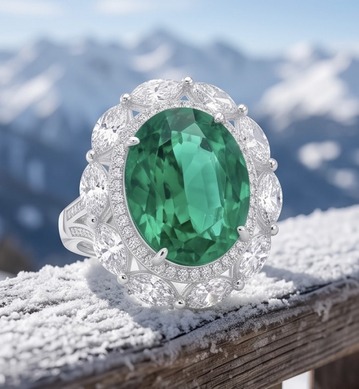 Precious 12.2 CARAT Colombian Emerald .925 Sterling Silver Statement Ring s. 7 1/4 - Close-up of 12.2 carat Colombian emerald ring on snowy surface.