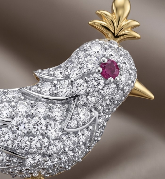 Bird on a Rock - Iconic design - Genuine 12.5 carat Sapphire 18K Gold over .925 Sterling Silver handmade Brooch - Close-up of diamond bird with ruby eye and gold accents