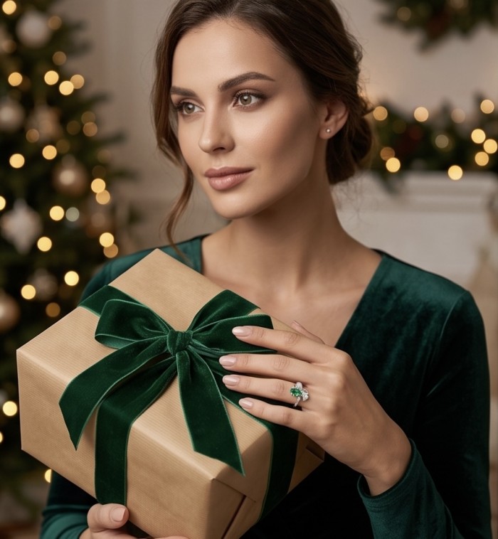 Giovanna 3.9 carat authentic Tsavorite Garnet .925 Sterling Silver handcrafted Statement Ring s. 8 - Woman holding gift, wearing Giovanna Tsavorite ring on hand.
