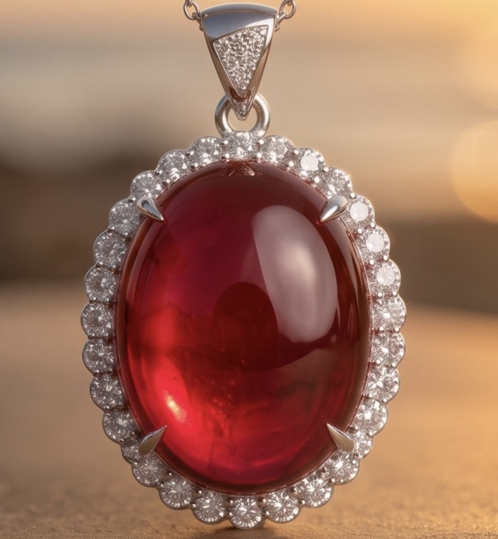 Rare finding! Deluxe 145.2 carat authentic Kashmir Star Ruby rhodium over .925 Sterling Silver handmade Statement Pendant - Close-up of deluxe 145.2 carat Kashmir ruby pendant with diamond accents.