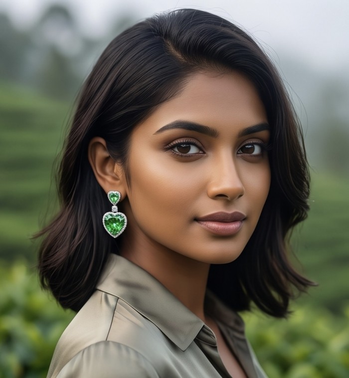 MOTHER NATURE - 18.5 carat Green Topaz .925 Sterling Silver handmade Statement earrings - Woman wearing MOTHER NATURE earrings with green topaz, side profile.
