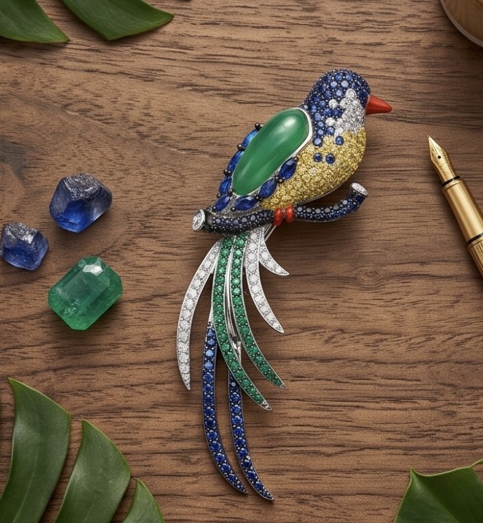 Exotic Parrot - Genuine 18.4 carat Jade from New Zealand .925 Sterling Silver dipped in rhodium handmade Pendant - Brooch - Parrot brooch with gemstones, shown in a flat lay on wood.